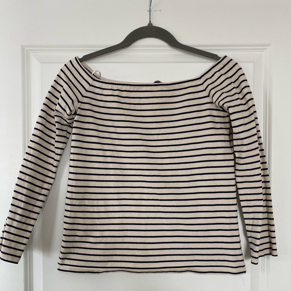 Theory Navy and Cream Striped Off-Shoulder Top
